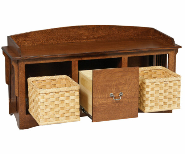 Mission Slat Bench With Baskets And Drawers